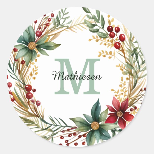 Monogram Poinsettia Wreath Holiday Correspondent Runder Aufkleber (Vorderseite)