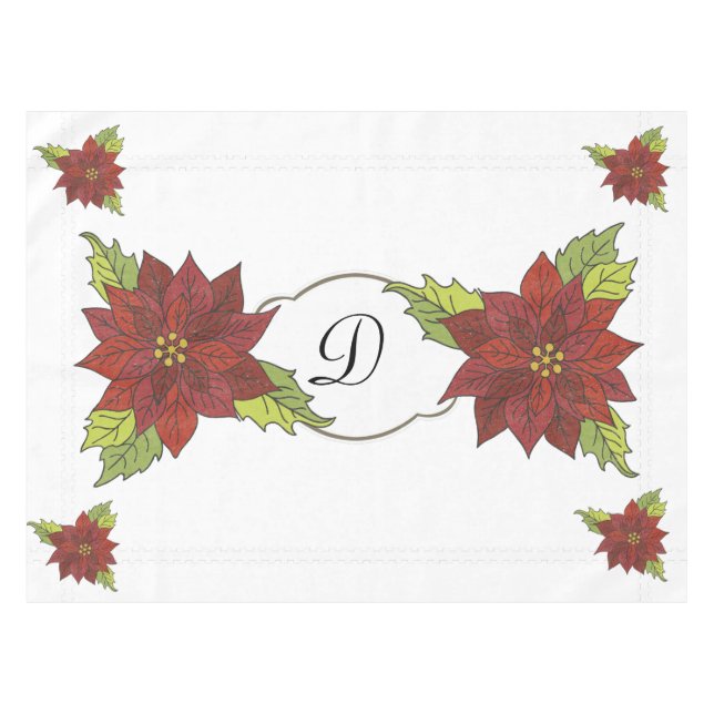 Monogram Poinsettias on White Holiday Tablecloth Tischdecke (Vorderseite (Horizontal))