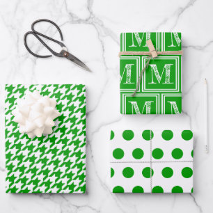 Monogram Polka Dot für grünes Hahnentrittmuster Geschenkpapier Set