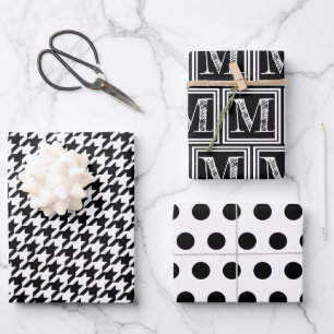 Monogram Polka Dot Schwarzes und Weiß Hahnentrittm Geschenkpapier Set
