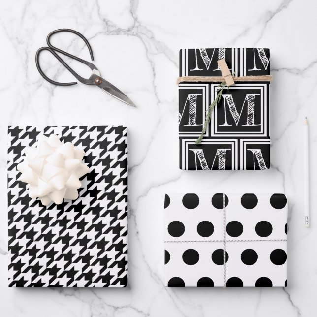 Monogram Polka Dot Schwarzes und Weiß Hahnentrittm Geschenkpapier Set (Vorderseite)