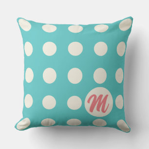 Monogram Polka Dots in Weiß auf Türkis Kissen