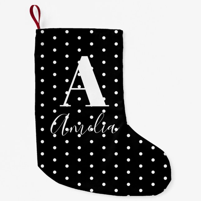 Monogram Polka Dots Schwarz-weiß, doppelseitig Kleiner Weihnachtsstrumpf (Vorderseite)