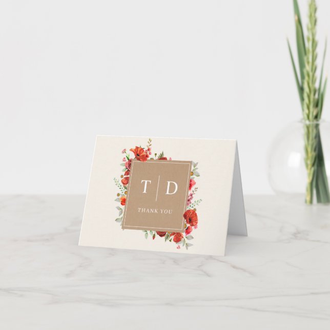 Monogram Poppy Wildblume Cardstock Hochzeit Danke (Vorderseite)