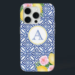 Monogram Positano Lemons Blue White Case-Mate iPhone Hülle<br><div class="desc">Handgemalte Zitronen,  die mit rosa Aquarellfarben-Blume auf einem Vintagen,  blau-weiß gefliesten Hintergrund hervorgehoben sind.</div>
