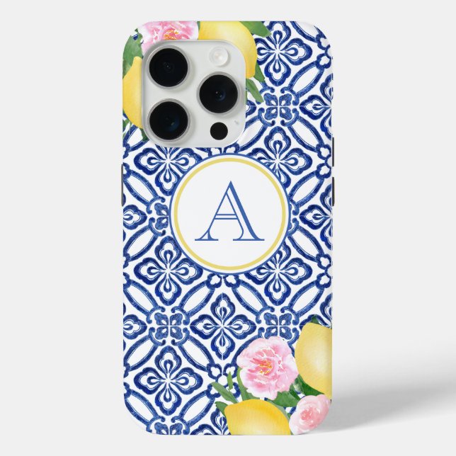 Monogram Positano Lemons Blue White Case-Mate iPhone Hülle (Rückseite)