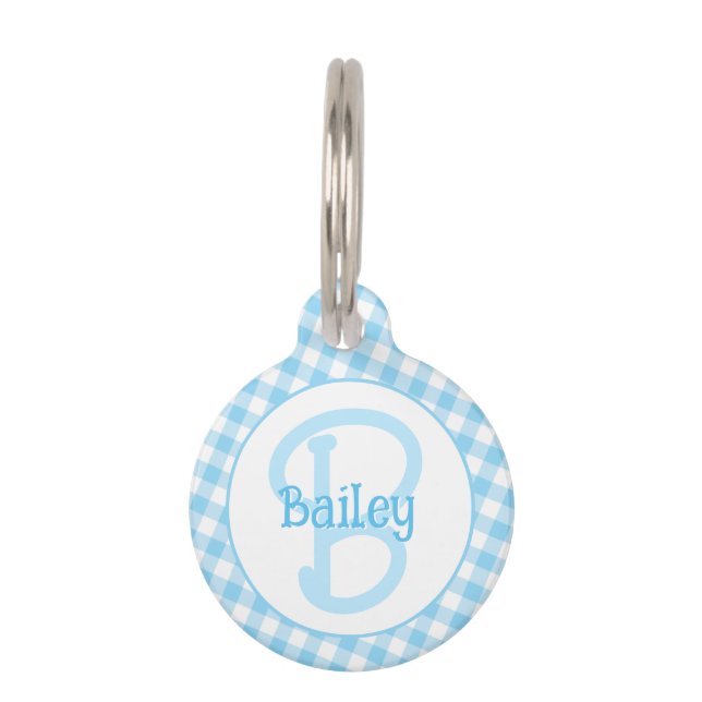Monogram Preppy Blue Gingham Haustiermarke (Vorderseite)