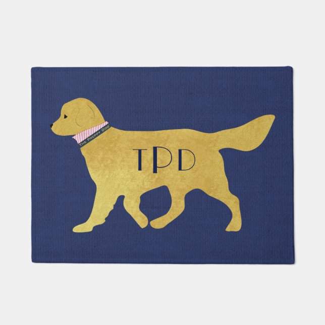 Monogram Preppy Golden Retriever Navy Jute Fußmatte (Vorderseite)