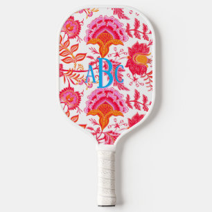 Monogram Preppy-Vintage Blume   Rosa und Orange Pickleball Schläger