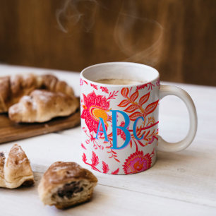 Monogram Preppy-Vintage Blume   Rosa und Orange Tasse