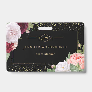 Monogram Professional Elegant Floral Rose Schwarz Ausweis
