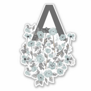 Monogram Puppies Grau Blau Schwarze Aquarellblume Aufkleber