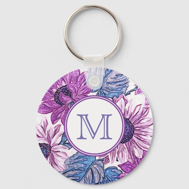 Monogram Purple and Blue Vintage Flower Art Schlüsselanhänger (Vorderseite)