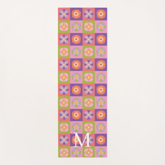 Monogram purple green floral pattern yogamatte (Vorderseite)