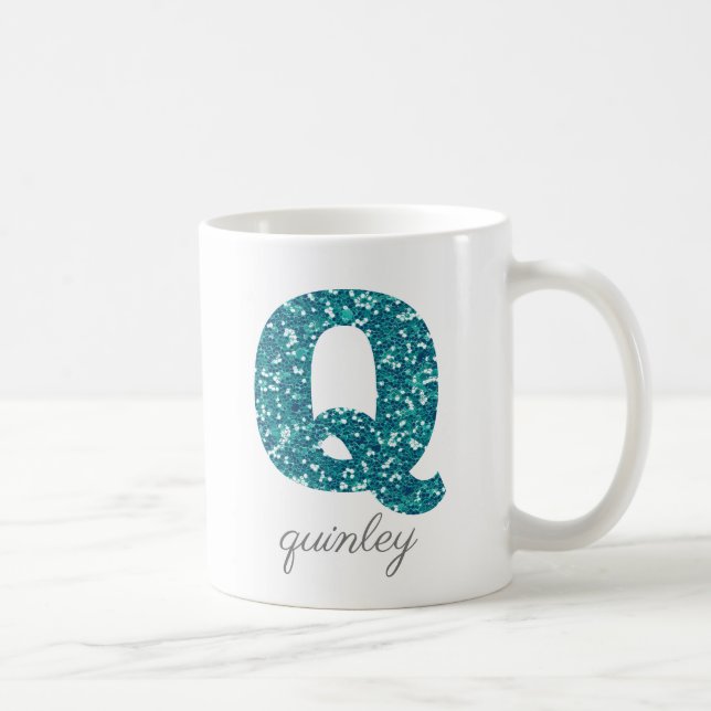 Monogram Q Aqua Glitzer Personalisierte Mug Kaffeetasse (Rechts)