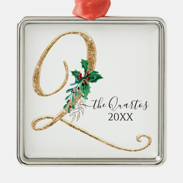 Monogram Q Gold Glitzer Christmas Holly Foliage Ornament Aus Metall (Vorne)