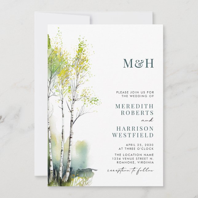 Monogram QR Code Birch Forest Woodland Wedding Einladung (Vorderseite)