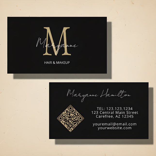 Monogram QR Code Black Gold Visitenkarte (Von Creator hochgeladen)
