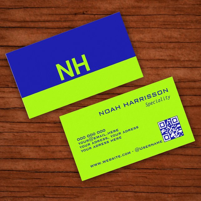 Monogram QR-Code blaue Limon-Minimalistin Visitenkarte (Monogram QR code blue electric lime minimalist Business Card)