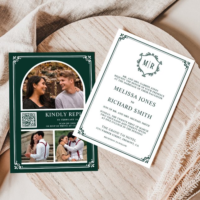 Monogram QR Code Foto Collage Emerald Wedding Einladung (Von Creator hochgeladen)