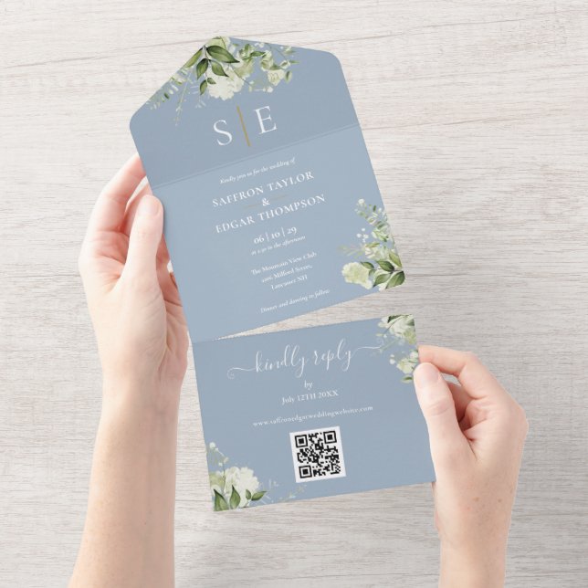 Monogram QR Code Greenery Dusty Blue Wedding All In One Einladung (Abreißen)