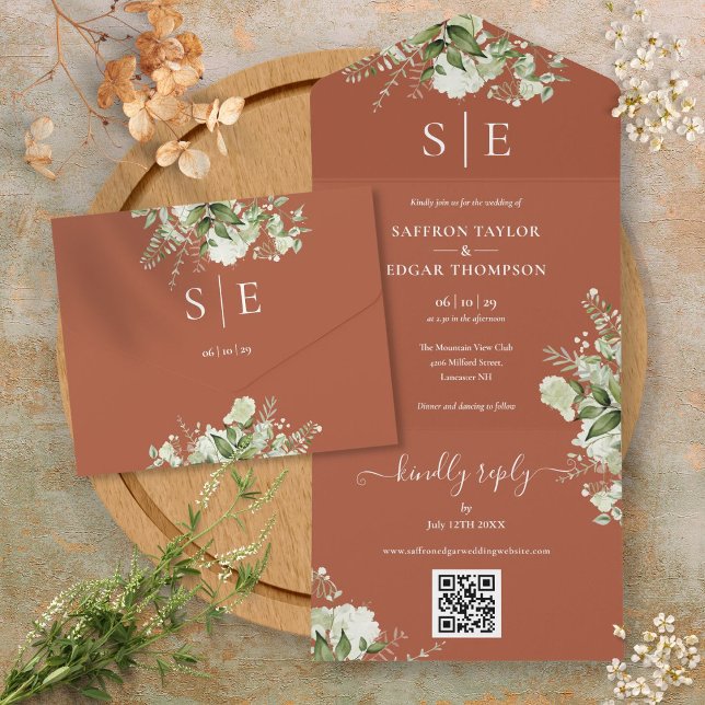 Monogram QR Code Greenery Terracotta Wedding All In One Einladung (Monogram QR Code Greenery Terracotta Wedding All In One Invitation)