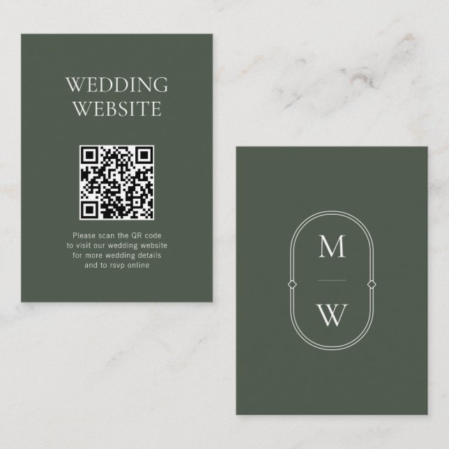 Monogram QR Code Moss Green Wedding Website Begleitkarte (Vorne/Hinten)