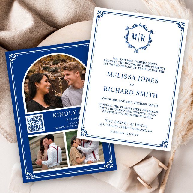 Monogram QR Code Photo Collage Royal Blue Wedding Einladung (Von Creator hochgeladen)