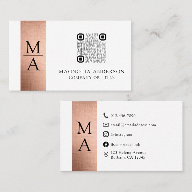 Monogram QR Code Rose Gold Foil Visitenkarte (Vorne/Hinten)
