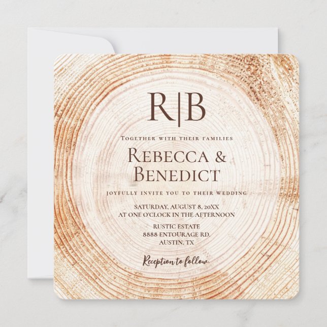 Monogram QR Code Website Bark Rustic Wedding Einladung (Vorderseite)