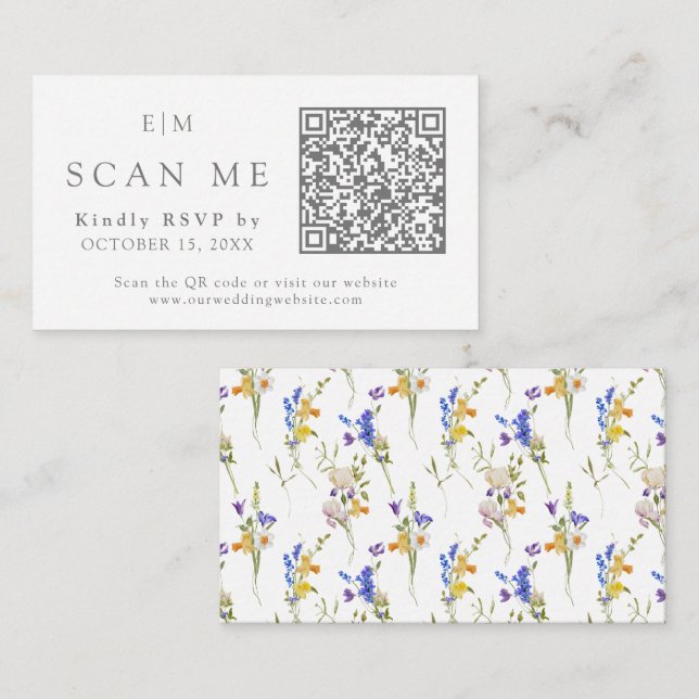 Monogram QR Code Website Floral Wedding RSVP Begleitkarte (Vorne/Hinten)