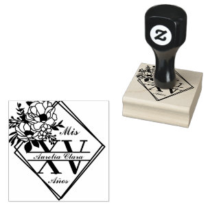 Monogram Quinceanera Mis XV Geometric Floral Gummistempel