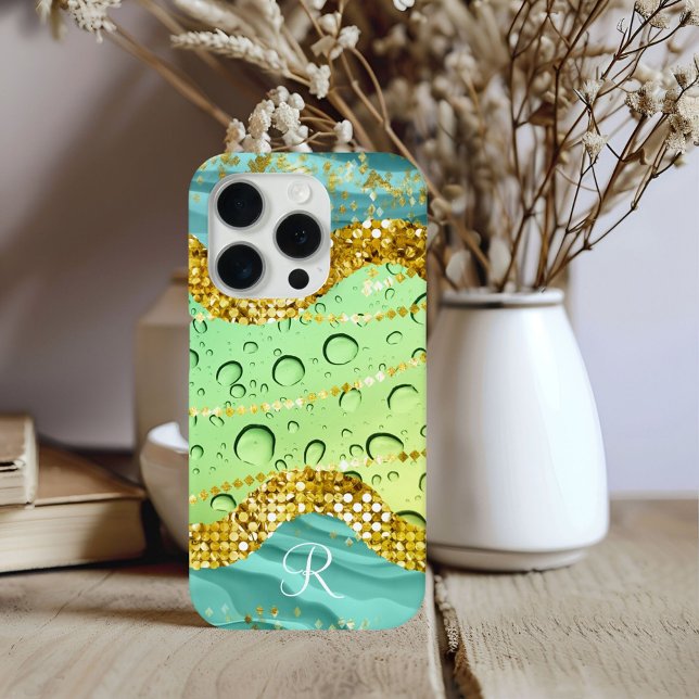 Monogram R Aqua Limon Gold Marmor Fantasy Droplets Case-Mate iPhone Hülle (Von Creator hochgeladen)