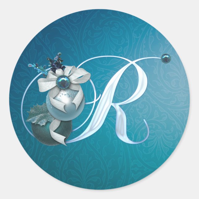 Monogram R Aquamarin Ornament Ribbon Weihnachtskle Runder Aufkleber (Vorderseite)