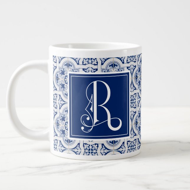 Monogram R, Blue Sicilian Tile Riesenkaffee Tasse (Links)