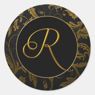 Monogram R Gold and Black Damask Wedding Siegel Runder Aufkleber