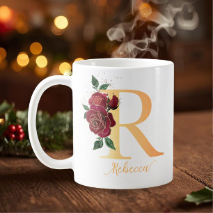 Monogram R goldene individuelle Name-rote Rosen Kaffeetasse