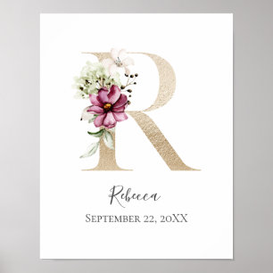 Monogram R Pink White Floral Gold Letter Kinderzim Poster