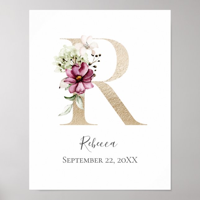 Monogram R Pink White Floral Gold Letter Kinderzim Poster (Vorne)