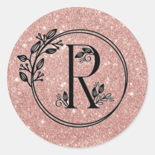 Monogram R Rose Gold Blush Rosa Glitzer Blauer Runder Aufkleber