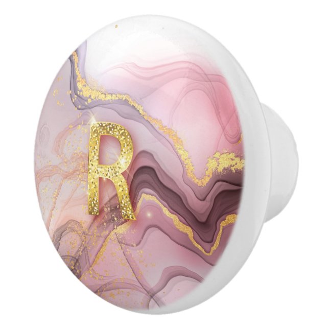 Monogram R Rosegold Pink Glitzer Girly Gift Keramikknauf (Rechts)