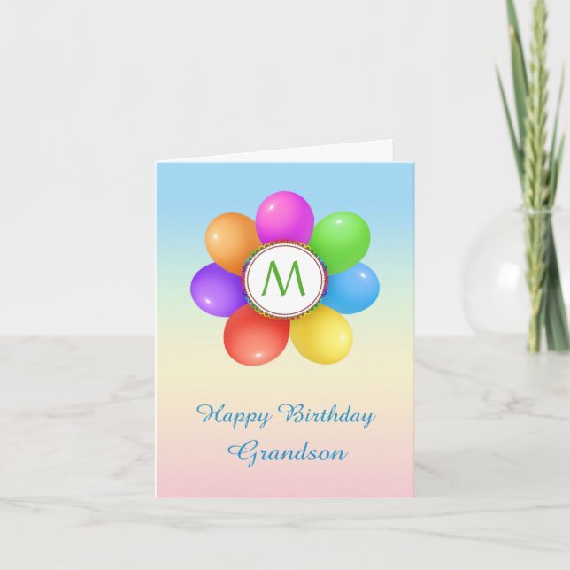 Monogram Rainbow-Ballons Blume Grandson Birthday Karte (Vorderseite)