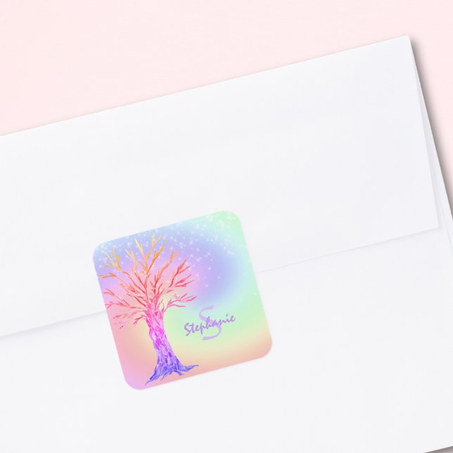 Monogram Rainbow Colors Girl Quadratischer Aufkleber (Von Creator hochgeladen)