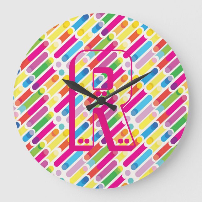 Monogram Rainbow Diagonal Lines Muster Pop Art Große Wanduhr (Vorderseite)