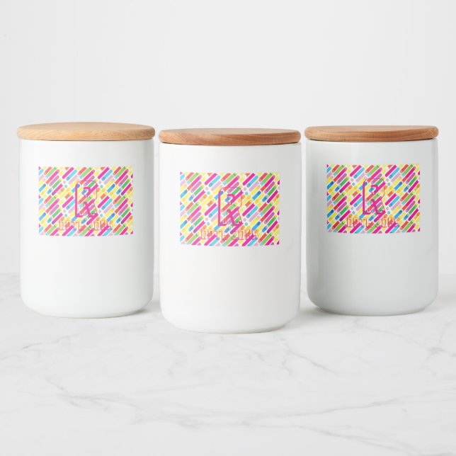 Monogram Rainbow Diagonal Lines Muster Pop Art Lebensmitteletikett (Flaschen)