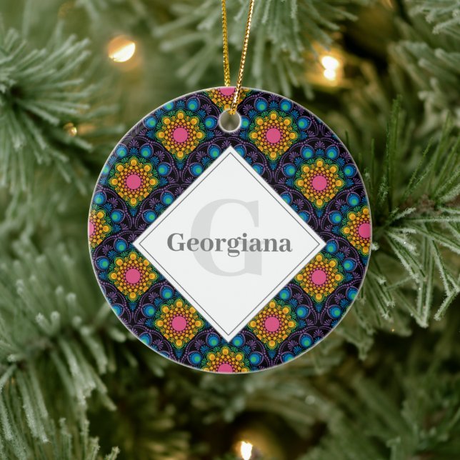 Monogram Rainbow Floral Fountain Art Deco Scallops Keramik Ornament (Baum)