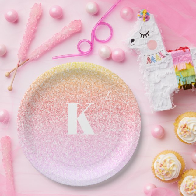 Monogram Rainbow Glitzer Glam Baby Shower Ombre Pappteller (Party)