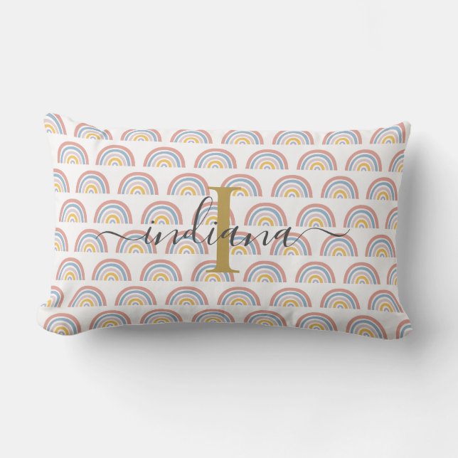 Monogram Rainbow Watercolor Boho Script Lendenkissen (Vorderseite)