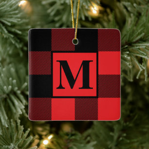 Monogram Red and Black Buffalo Karierte Weihnachte Keramikornament
