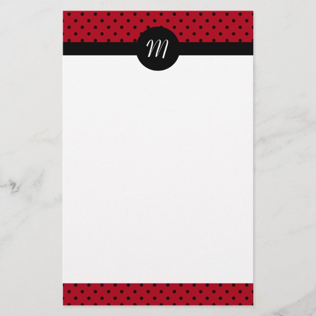 Monogram Red and Black Polka Dots Briefpapier (Vorderseite)
